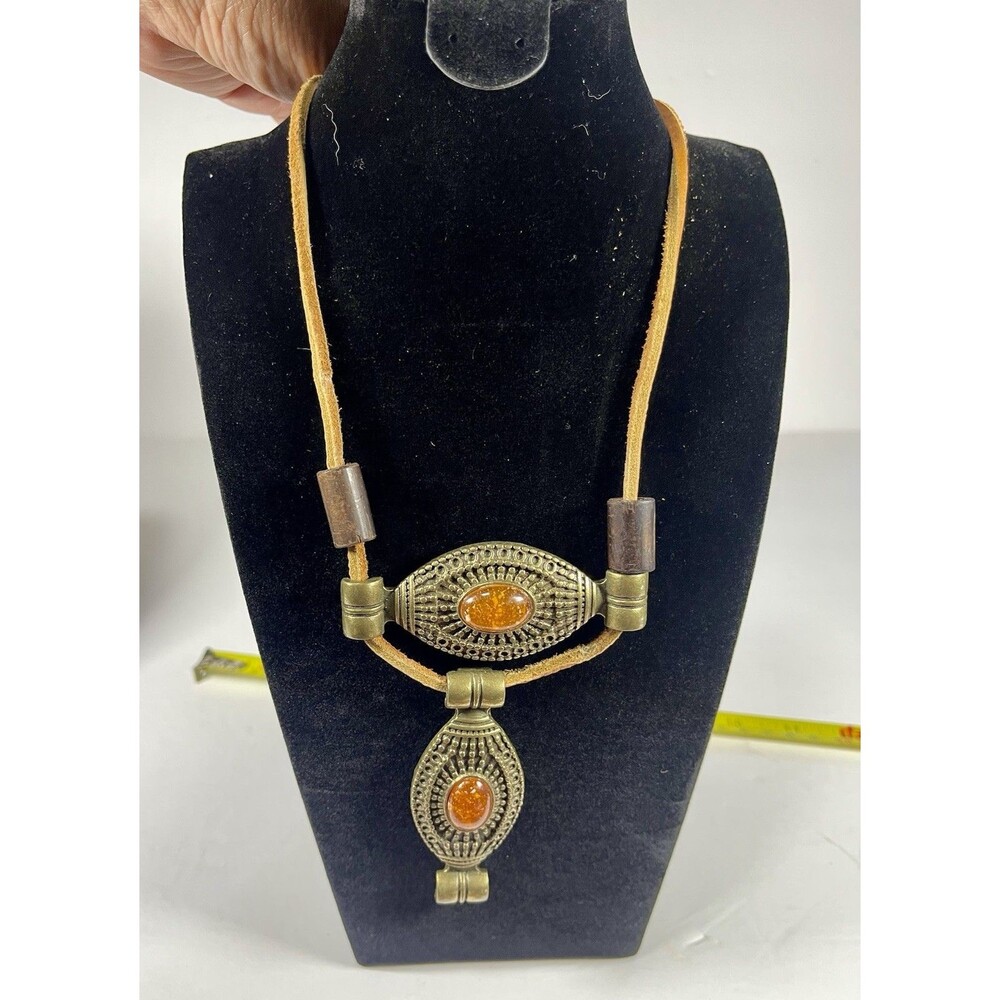 Vintage Brutalist Boho Statement Necklace Faux Amber Resin Leather Cord Geometri